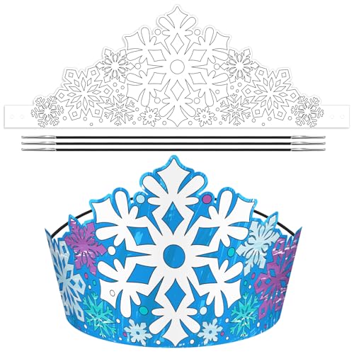 ReliThick 24 Sets Schneeflockenkrone, Bastelset, zum Ausmalen Ihrer eigenen Winter-Krone mit elastischer Kordel für Schnee, DIY-Malpapier, Stirnband für Winter, Weihnachten, Zuhause, Aktivitäten von ReliThick