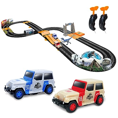 Jura Welt Elektrisches Rennwagen-Strecken-Set mit Rampe, inklusive 2 x Slot-Auto, Dinosaurier-Figur & Zubehör, Jura Park Kinderspielzeug – 4,4 m Rennbahn für Kinder 105022JW (Ultimate Wild Racing) von Relsy