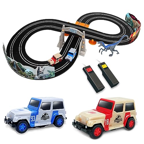Relsy Jurassic World Elektrische Autorennbahn 102011JW mit 2 Slotcars, Dinosaurier-Figur & Zubehör, Jurassic Park Kinderspielzeug - 2,4M Rennstrecke (Dino-Jagd) von Relsy