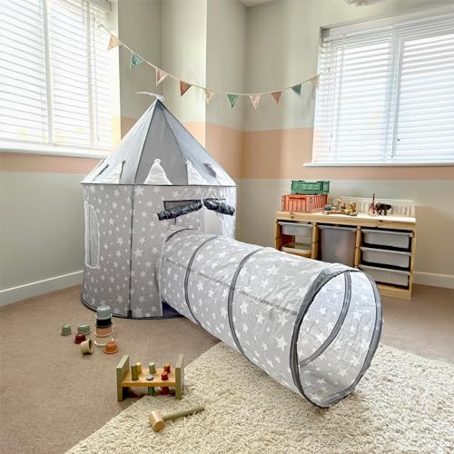 Relsy Graues Pop-Up-Zelt für Kinder, Graues Spielzelt mit Tunnel, Schloss-Spielzelt & 180cm Spieltunnel-Kombination, 135 X 100cm von Relsy