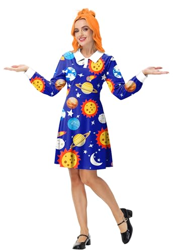 Remimi Halloween-Kostüm für Damen, Motiv: Krause, Galaxie-Planeten-Druck, Weltraum-Passform, blauer Bubikragen, lustiges Festival-Outfit, Größe M Remimi Halloween-Kostüm für Damen, Motiv: Krause, Galaxie-Planeten-Druck, Weltraum-Passform, blauer Bubikragen, lustiges Festival-Outfit, Größe M von Remimi