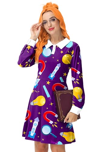 Remimi Halloween Ms Frizzle Kostüm für Damen, Wissenschaftslehrer-Kleidung, Peter-Pan-Kragen, Festival, Cosplay, Partykleid, Lila, Größe S von Remimi