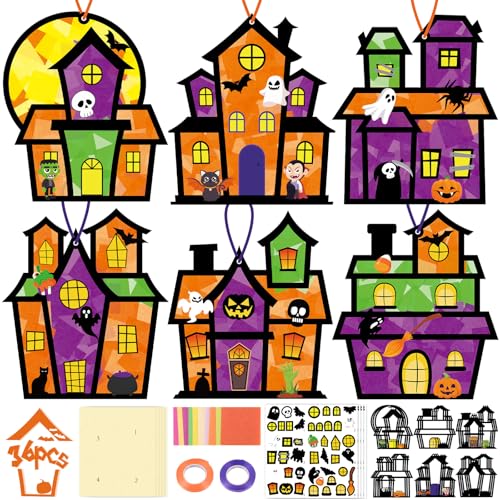 Renbuzhu Halloween-Bastelset für Kinder: Spukhaus-Papier-Sonnenfänger, DIY-Set, Party-Aktivitäten, Dekorationen, Fenster-Buntglas-Effekt, Kunstbedarf, 36 Stück von Renbuzhu