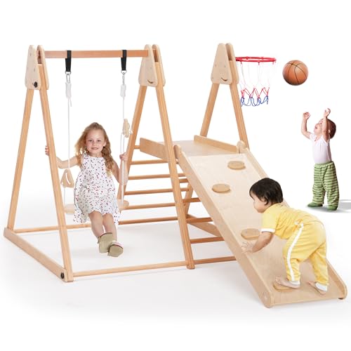4 in 1 Holz Kletterspielzeug für Kleinkinder, Montessori Climber Playset für Kinder, Indoor Spielplatz mit Rutsche, Schaukel, Kletterwand u von Rengue