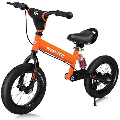 Rennmeister Kinder Laufrad ab 2 Jahren Bremse Aufprallschutz 50kg Belastbar Fahrrad Luftreifen Lauflernrad Lenkrad Sattel Gummigriffe Federung Orange von Rennmeister