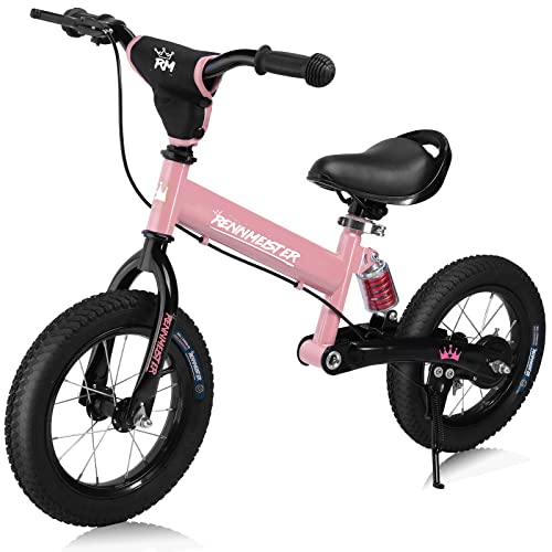 Rennmeister Kinder Laufrad ab 2 Jahren Bremse Aufprallschutz 50kg Belastbar Fahrrad Luftreifen Lauflernrad Lenkrad Sattel Gummigriffe Federung Rosa von Rennmeister