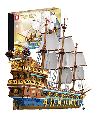 Reobrix 66011 The Sun Piraten schiff Modell mit Stoffsegeln, 3162 Teile Groß Klemmbausteine Bausteine Schiff, Modellbausatz für Erwachsene und Jugendliche, Haus und Raum Deko, Vergoldete von Reobrix