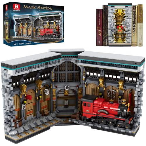 Reobrix Magischer Bahnhof Booknook Bausatz mit Lichtern, Kreativer Buchstützen-Bausatz 66031, Bücherregal Heimdekor, Book Nook Modellspielzeugbausatz, Geschenk für 14 Jahren und Erwachsene von Reobrix
