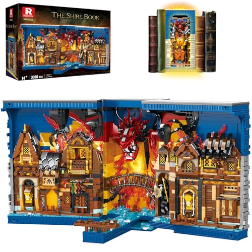 Reobrix The Shire Booknook Bausatz mit Lichtern, Kreativer Buchstützen-Bausatz 66035, Bücherregal Heimdekor, Book Nook Modellspielzeugbausatz, Geschenk für 14 Jahren und Erwachsene (3398 Teile) von Reobrix