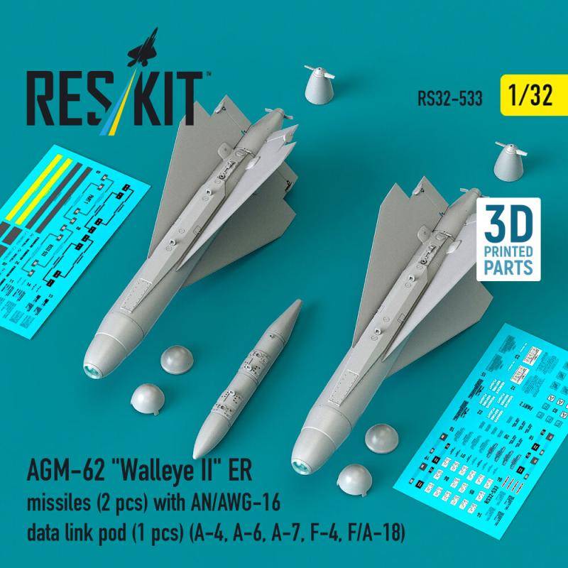 AGM-62 Walleye II ER missiles (2 pcs) with AN/AWG-16 data link pod (1 pcs) (A-4, A-6, A-7, F-4, F/A-18) (3D Printed) von ResKit Models