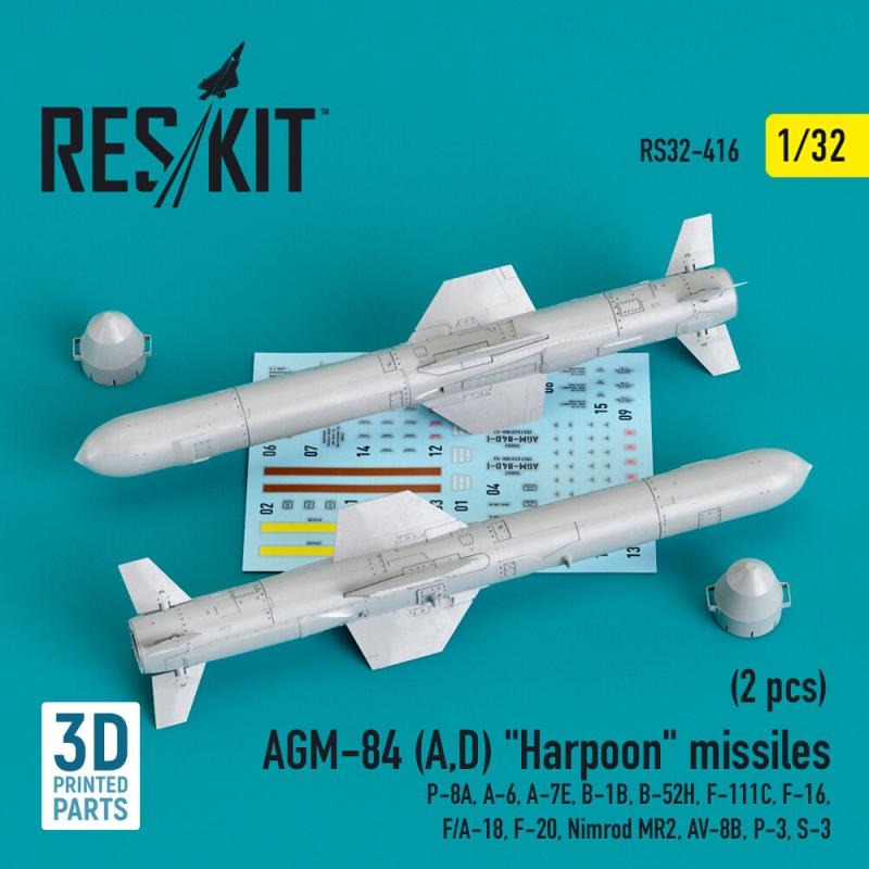 AGM-84 (A,D) Harpoon missiles (2 pcs) (P-8A, A-6, A-7E, B-1B, B-52H, F-111C, F-16, F/A-18, F-20, Nimrod MR2, AV-8B, P-3, S-3) (3D Printed) von ResKit Models