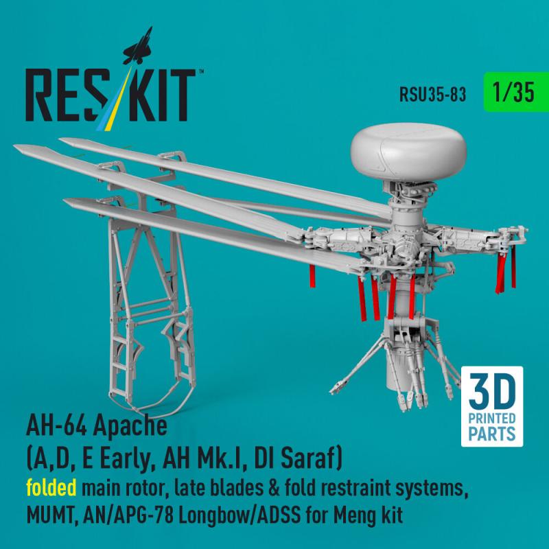 AH-64 Apache (A,D, E Early, AH Mk.I, DI Saraf) folded main rotor, late blades & fold restraint systems, MUMT, AN/APG-78 Longbow/ADSS for Meng kit (3D Printed) von ResKit Models