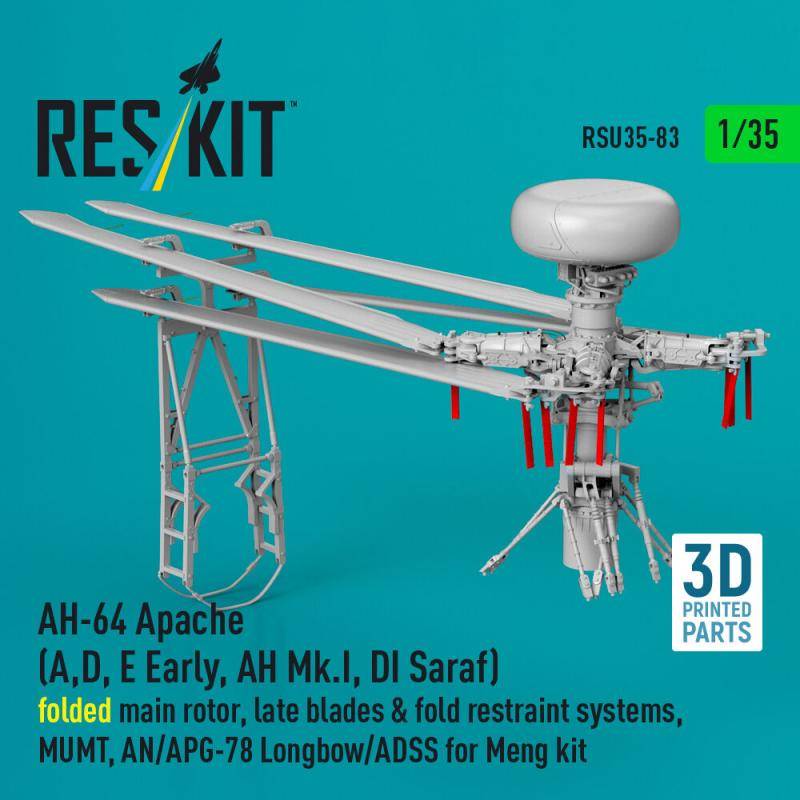 AH-64 Apache (A,D, E Early, AH Mk.I, DI Saraf) folded main rotor, late blades & fold restraint systems, MUMT, AN/APG-78 Longbow/ADSS for Meng kit (3D Printed) von ResKit Models