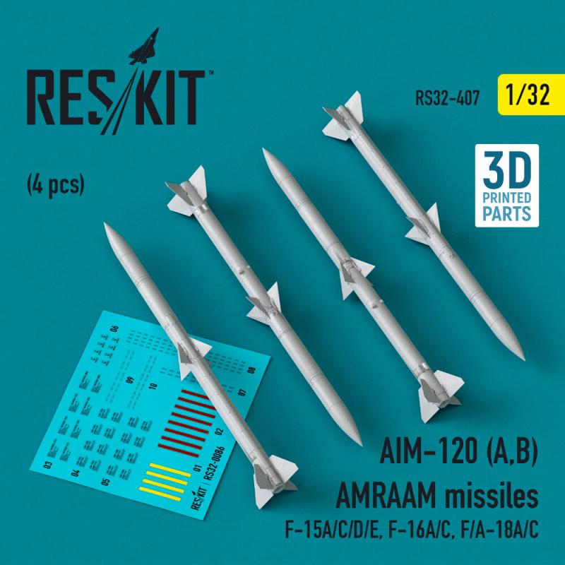 AIM-120 (A,B) AMRAAM missiles (4 pcs) (F-15A/C/D/E, F-16A/C, F/A-18A/C) (3D Printed) von ResKit Models
