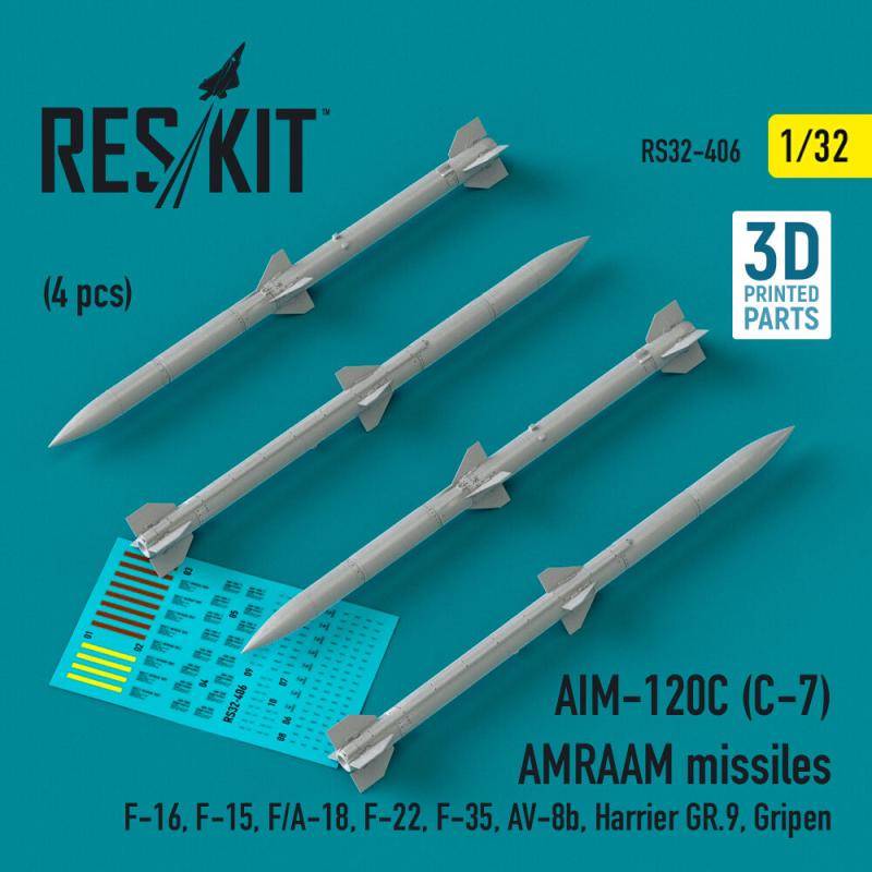 AIM-120C (C-7) AMRAAM missiles (4 pcs) (F-16, F-15, F/A-18, F-22, F-35, AV-8b, Harrier GR.9, Gripen) (3D Printed) von ResKit Models