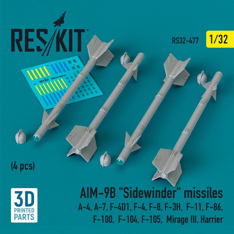 AIM-9B Sidewinder missiles (4 pcs) (A-4, A-7, F-4D1, F-4, F-8, F-3H, F-11, F-86,F-100, F-104, F-105, Mirage III, Harrier) (3D Printed) von ResKit Models