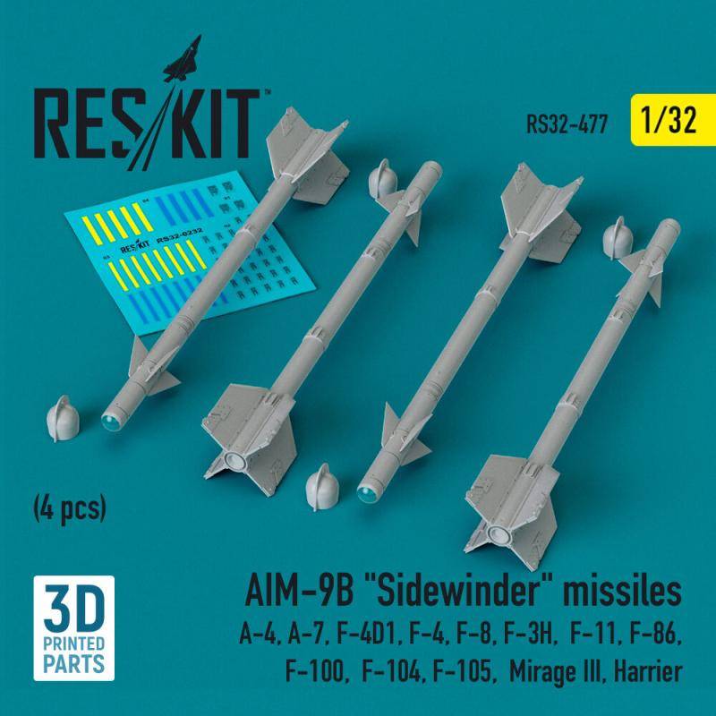 AIM-9B Sidewinder missiles (4 pcs) (A-4, A-7, F-4D1, F-4, F-8, F-3H, F-11, F-86,F-100, F-104, F-105, Mirage III, Harrier) (3D Printed) von ResKit Models