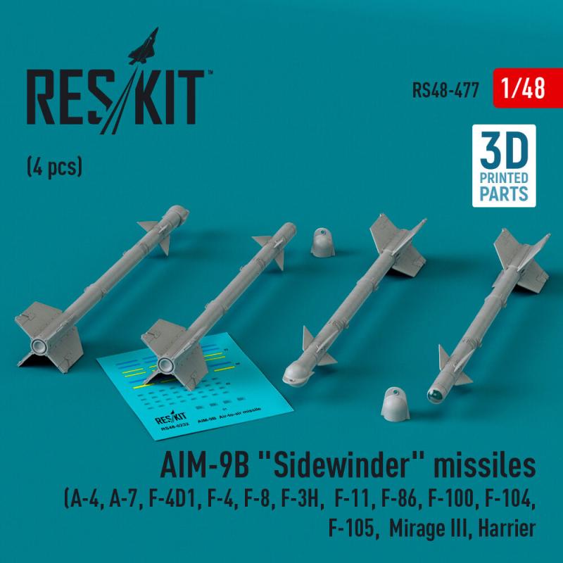 AIM-9B Sidewinder missiles (4 pcs) (A-4, A-7, F-4D1, F-4, F-8, F-3H, F-11, F-86,F-100, F-104, F-105, Mirage III, Harrier) (3D Printed) von ResKit Models