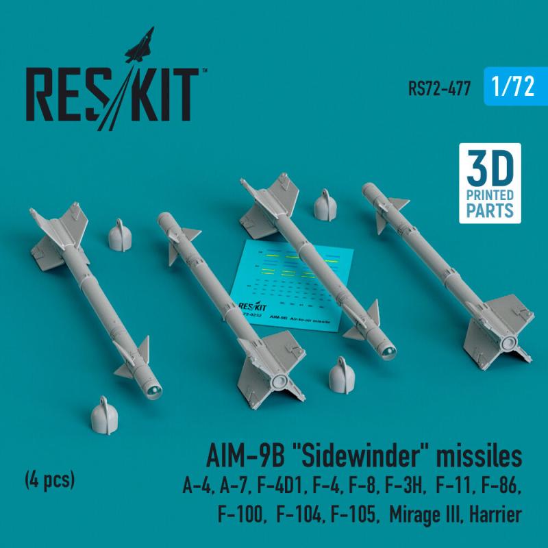 AIM-9B Sidewinder missiles (4 pcs) (A-4, A-7, F-4D1, F-4, F-8, F-3H, F-11, F-86,F-100, F-104, F-105, Mirage III, Harrier) (3D Printed) von ResKit Models