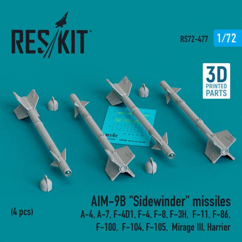 AIM-9B Sidewinder missiles (4 pcs) (A-4, A-7, F-4D1, F-4, F-8, F-3H, F-11, F-86,F-100, F-104, F-105, Mirage III, Harrier) (3D Printed) von ResKit Models