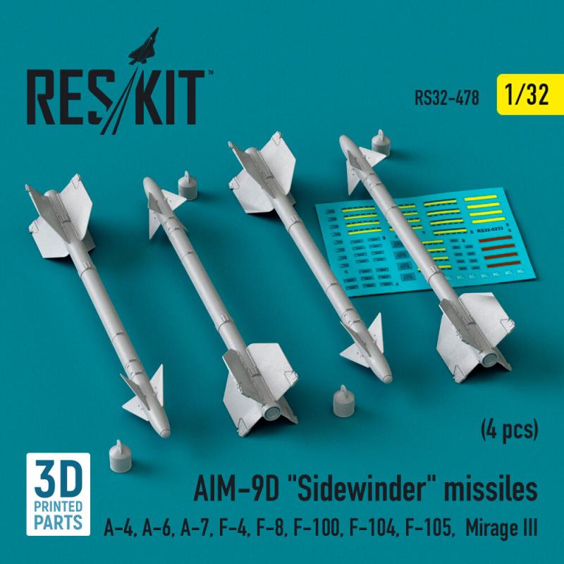 AIM-9D Sidewinder missiles (4 pcs) (A-4, A-6, A-7, F-4, F-8, F-100, F-104, F-105, Mirage III) (3D Printed) von ResKit Models