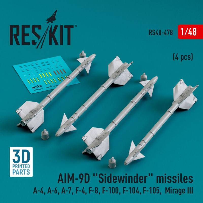 AIM-9D Sidewinder missiles (4 pcs) (A-4, A-6, A-7, F-4, F-8, F-100, F-104, F-105, Mirage III) (3D Printed) von ResKit Models