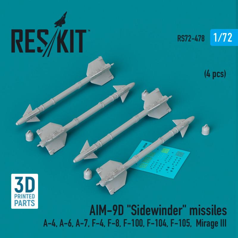 AIM-9D Sidewinder missiles (4 pcs) (A-4, A-6, A-7, F-4, F-8, F-100, F-104, F-105, Mirage III) (3D Printed) von ResKit Models