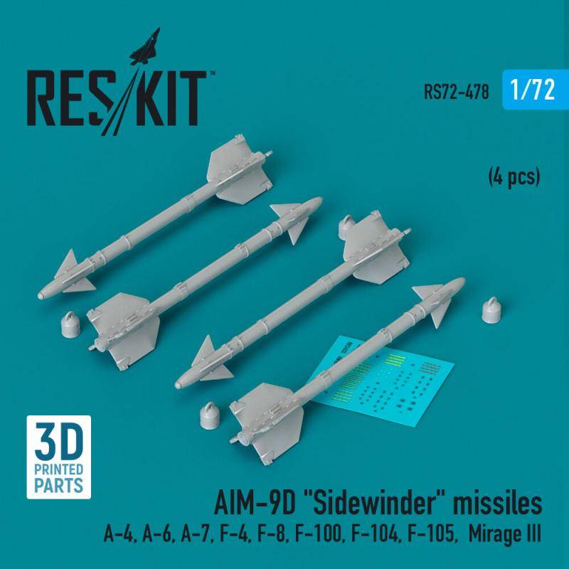 AIM-9D Sidewinder missiles (4 pcs) (A-4, A-6, A-7, F-4, F-8, F-100, F-104, F-105, Mirage III) (3D Printed) von ResKit Models