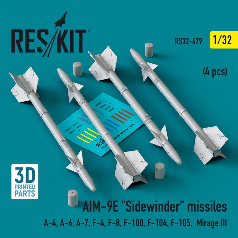 AIM-9E Sidewinder missiles (4 pcs) (A-4, A-6, A-7, F-4, F-8, F-100, F-104, F-105, Mirage III) (3D Printed) von ResKit Models