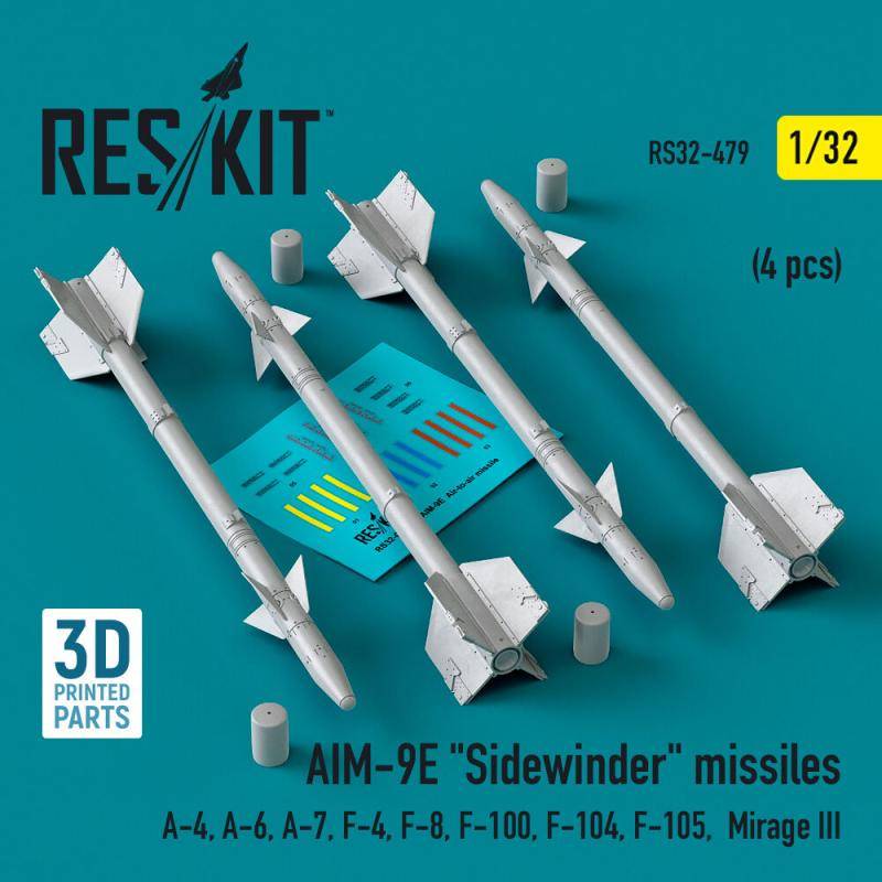 AIM-9E Sidewinder missiles (4 pcs) (A-4, A-6, A-7, F-4, F-8, F-100, F-104, F-105, Mirage III) (3D Printed) von ResKit Models