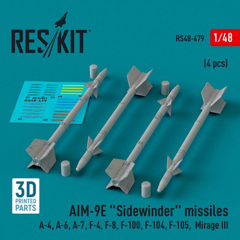 AIM-9E Sidewinder missiles (4 pcs) (A-4, A-6, A-7, F-4, F-8, F-100, F-104, F-105, Mirage III) (3D Printed) von ResKit Models