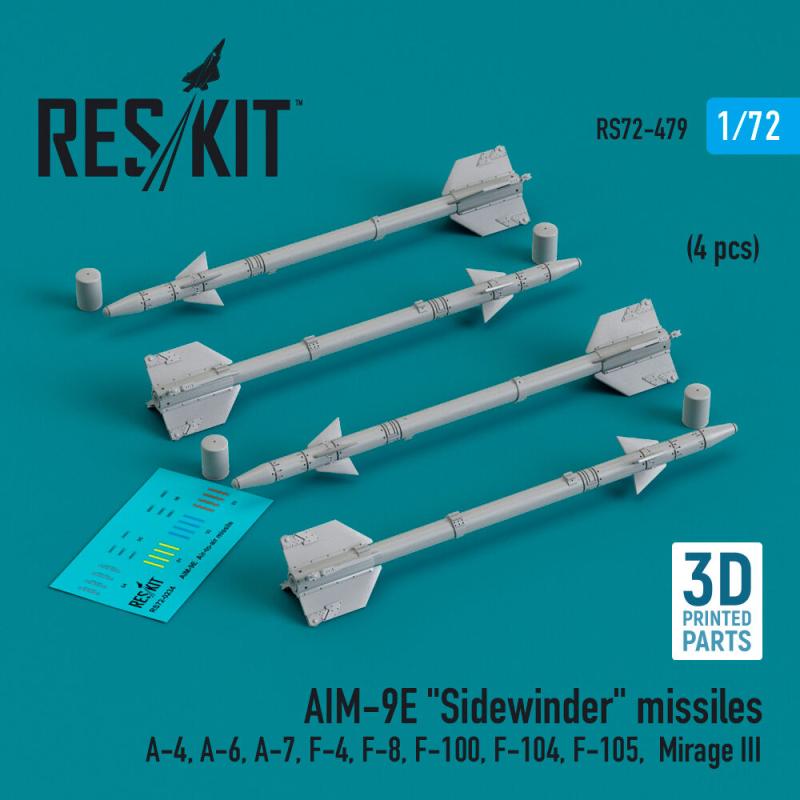 AIM-9E Sidewinder missiles (4 pcs) (A-4, A-6, A-7, F-4, F-8, F-100, F-104, F-105, Mirage III) (3D Printed) von ResKit Models