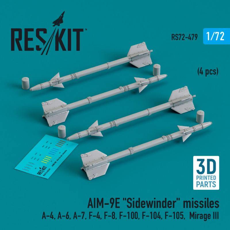 AIM-9E Sidewinder missiles (4 pcs) (A-4, A-6, A-7, F-4, F-8, F-100, F-104, F-105, Mirage III) (3D Printed) von ResKit Models