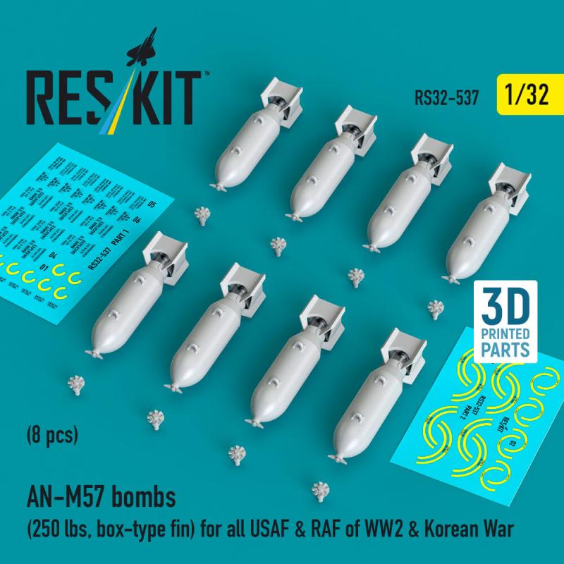 AN-M57 bombs (250 lbs, box-type fin) for all USAF & RAF of WW2 & Korean War (8 pcs) (3D Printed) von ResKit Models