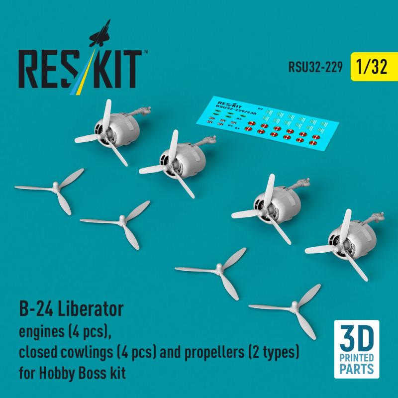 B-24 Liberator - Engines (4 pcs), closed cowlings (4 pcs) and propellers (2 types) (3D Printed) [HobbyBoss] von ResKit Models