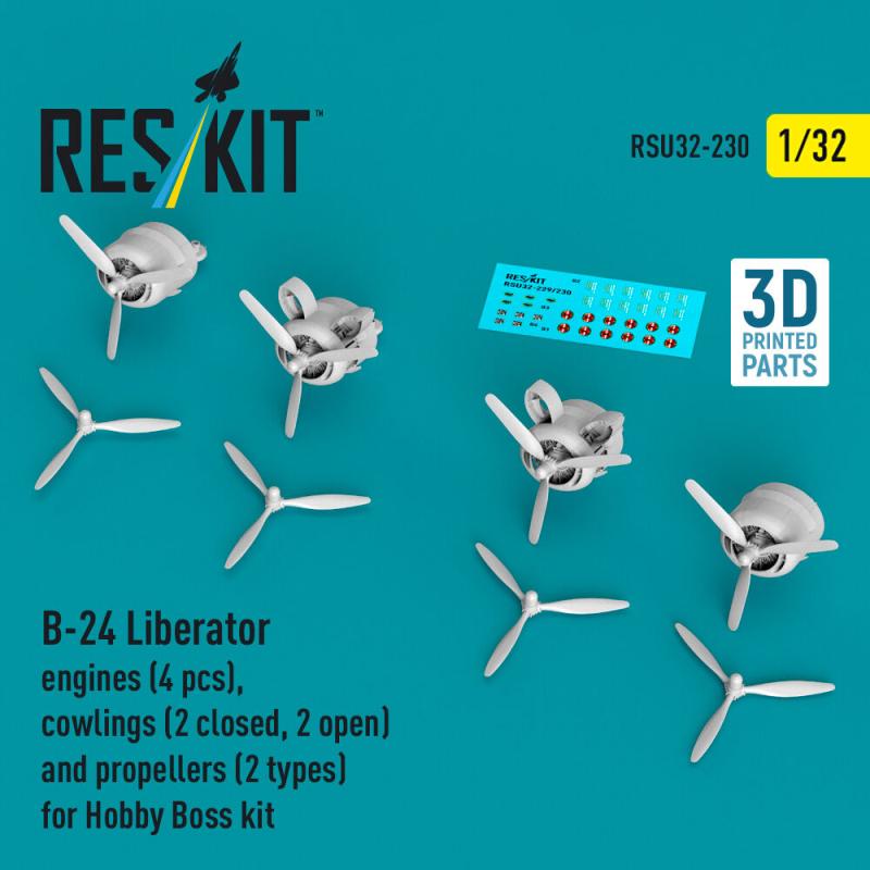 B-24 Liberator - Engines (4 pcs), cowlings (2 closed, 2 open) and propellers (2 types) (3D Printed) [HobbyBoss] von ResKit Models