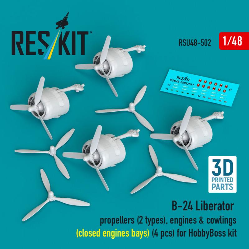 B-24 Liberator - Propellers (2 types), engines & cowlings (closed engine bays) (4 pcs) (3D Printed) [HobbyBoss] von ResKit Models