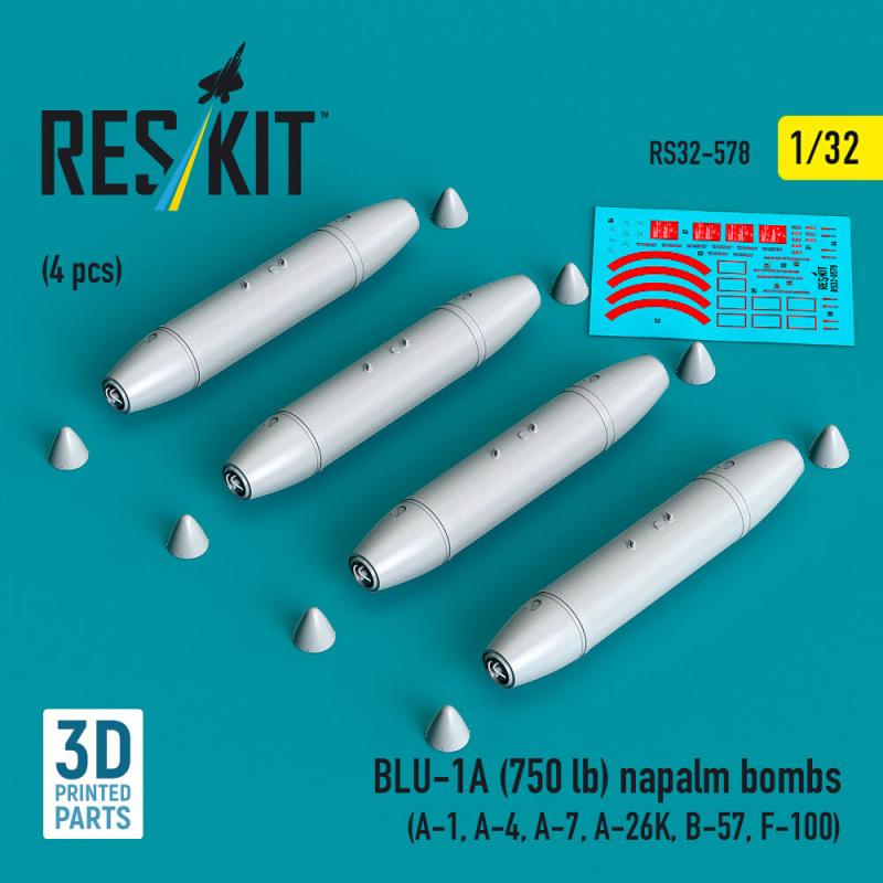 BLU-1A (750 lb) napalm bombs (4 pcs) (A-1, A-4, A-7, A-26K, B-57, F-100) (3D Printed) von ResKit Models