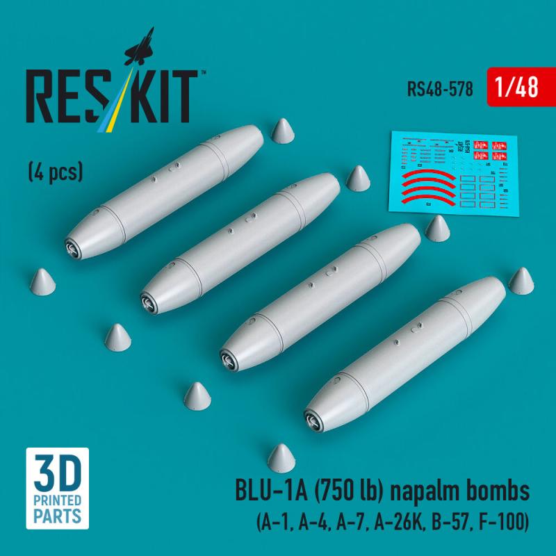 BLU-1A (750 lb) napalm bombs (4 pcs) (A-1, A-4, A-7, A-26K, B-57, F-100) (3D Printed) von ResKit Models