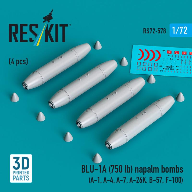 BLU-1A (750 lb) napalm bombs (4 pcs) (A-1, A-4, A-7, A-26K, B-57, F-100) (3D Printed) von ResKit Models