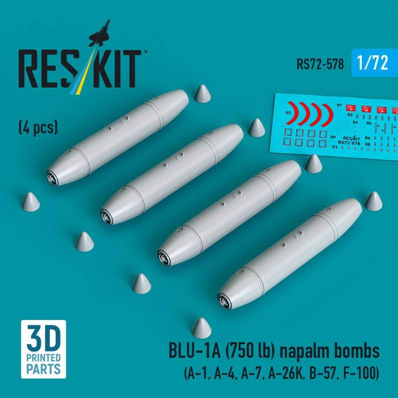BLU-1A (750 lb) napalm bombs (4 pcs) (A-1, A-4, A-7, A-26K, B-57, F-100) (3D Printed) von ResKit Models