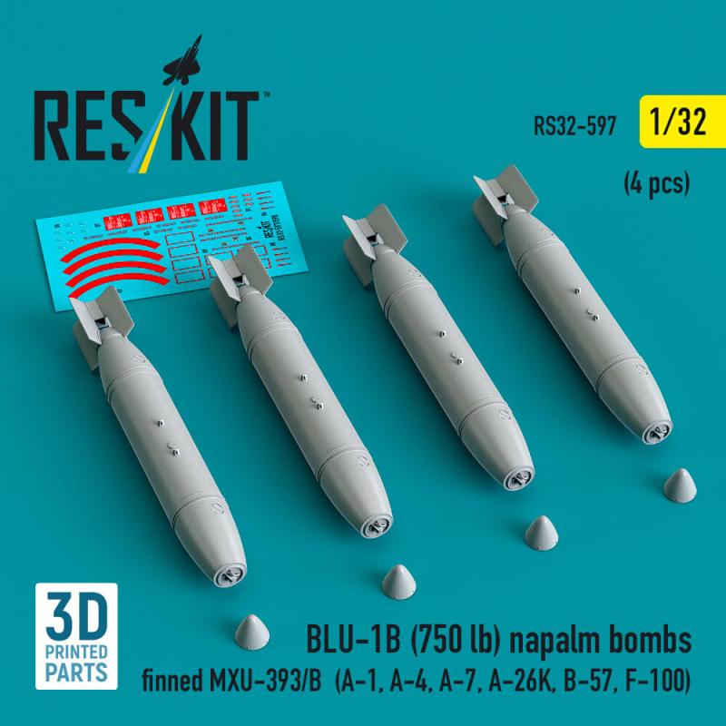 BLU-1B (750 lb) napalm bombs finned MXU-393/B (4 pcs) (A-1, A-4, A-7, A-26K, B-57, F-100) (3D Printed) von ResKit Models