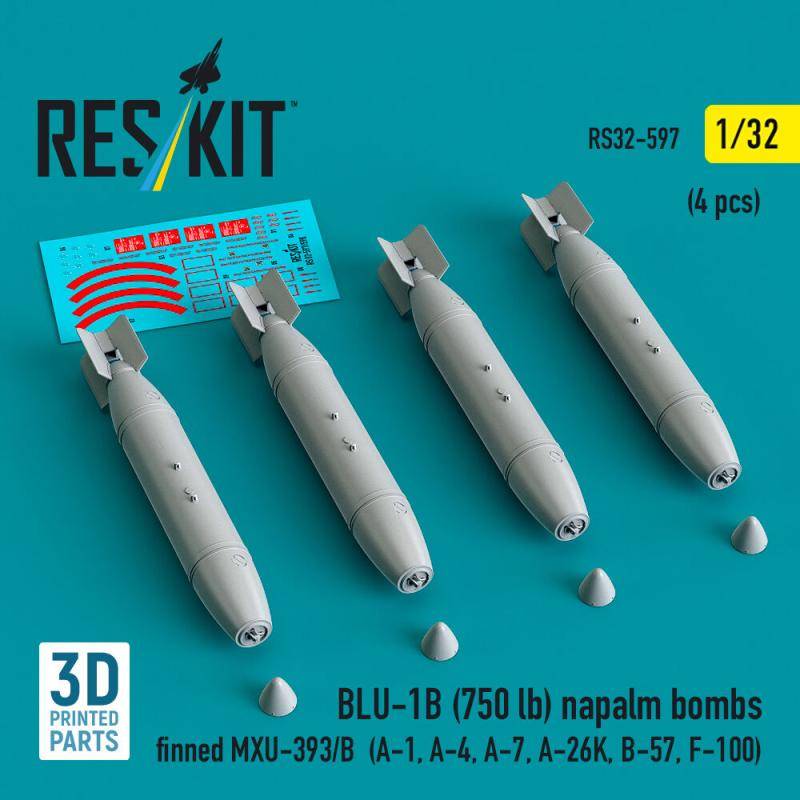 BLU-1B (750 lb) napalm bombs finned MXU-393/B (4 pcs) (A-1, A-4, A-7, A-26K, B-57, F-100) (3D Printed) von ResKit Models