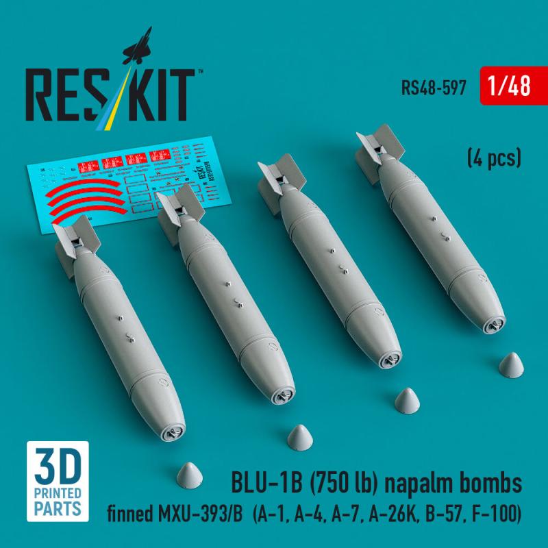 BLU-1B (750 lb) napalm bombs finned MXU-393/B (4 pcs) (A-1, A-4, A-7, A-26K, B-57, F-100) (3D Printed) von ResKit Models