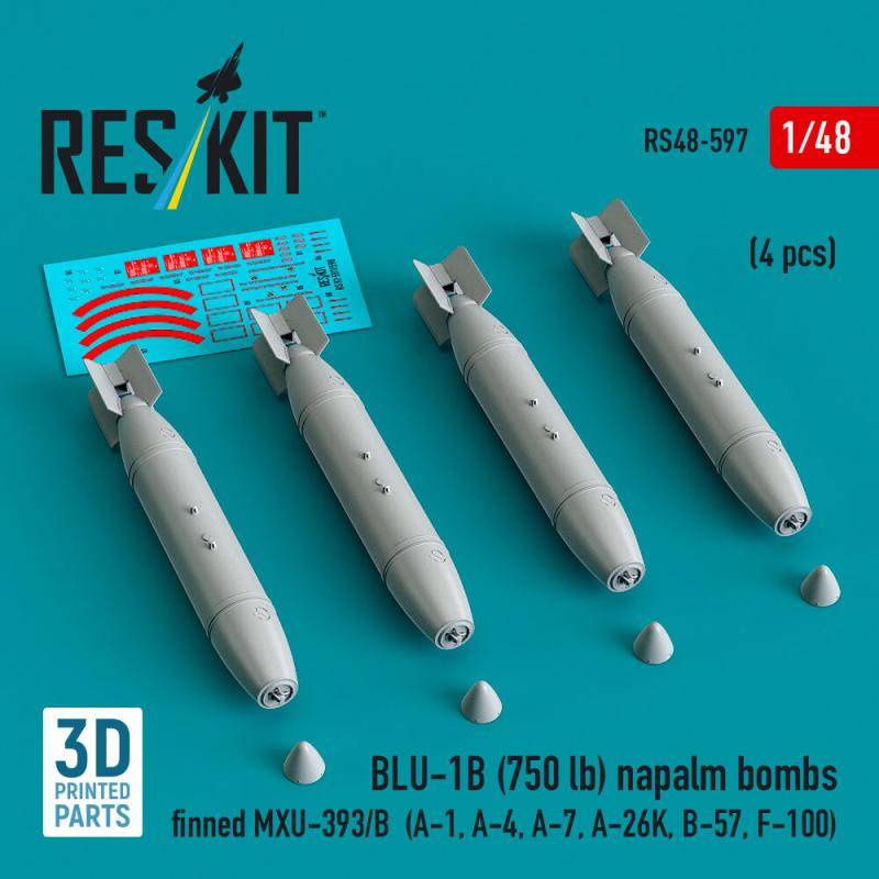 BLU-1B (750 lb) napalm bombs finned MXU-393/B (4 pcs) (A-1, A-4, A-7, A-26K, B-57, F-100) (3D Printed) von ResKit Models