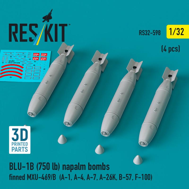 BLU-1B (750 lb) napalm bombs finned MXU-469/B (4 pcs) (A-1, A-4, A-7, A-26K, B-57, F-100) (3D Printed) von ResKit Models