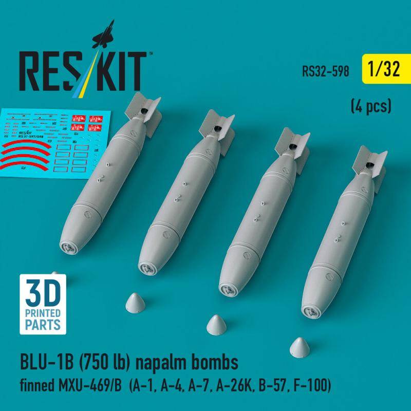 BLU-1B (750 lb) napalm bombs finned MXU-469/B (4 pcs) (A-1, A-4, A-7, A-26K, B-57, F-100) (3D Printed) von ResKit Models