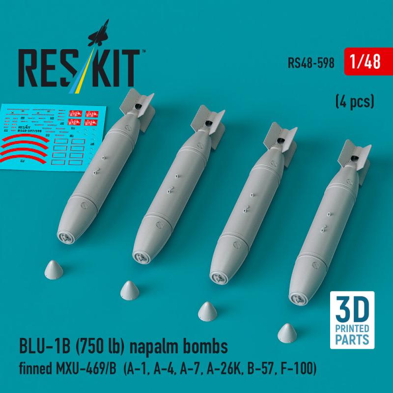 BLU-1B (750 lb) napalm bombs finned MXU-469/B (4 pcs) (A-1, A-4, A-7, A-26K, B-57, F-100) (3D Printed) von ResKit Models