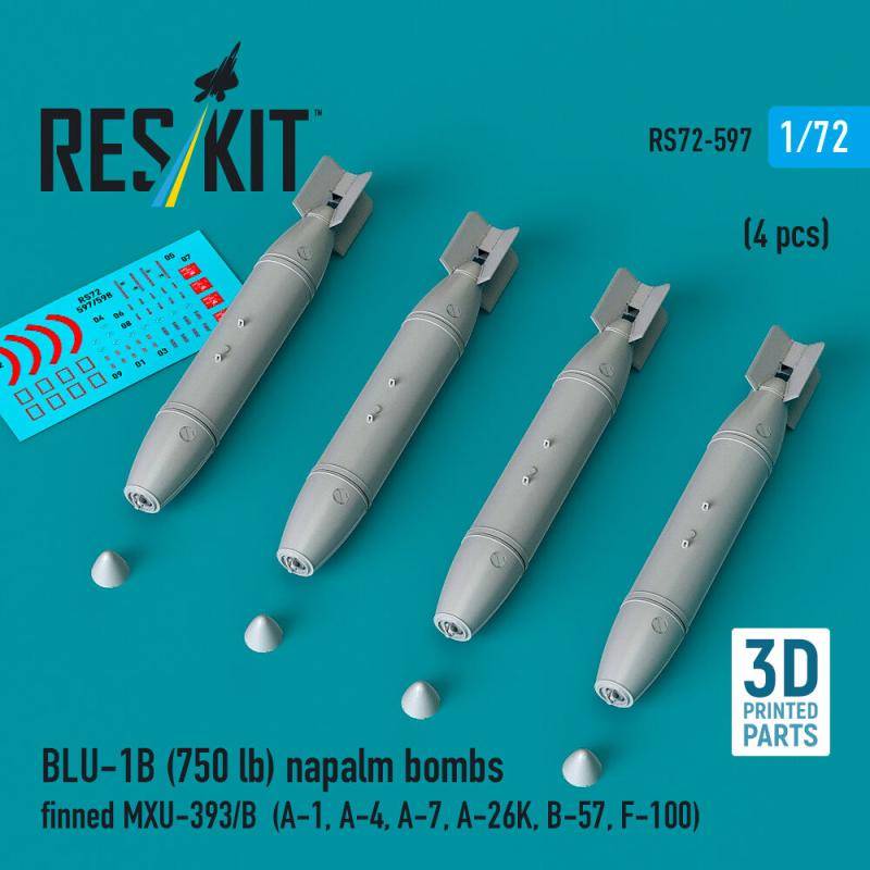 BLU-1B (750lb) napalm bombs finned MXU-393/B (4 pcs) (A-1, A-4, A-7, A-26K, B-57, F-100) (3D Printed) von ResKit Models