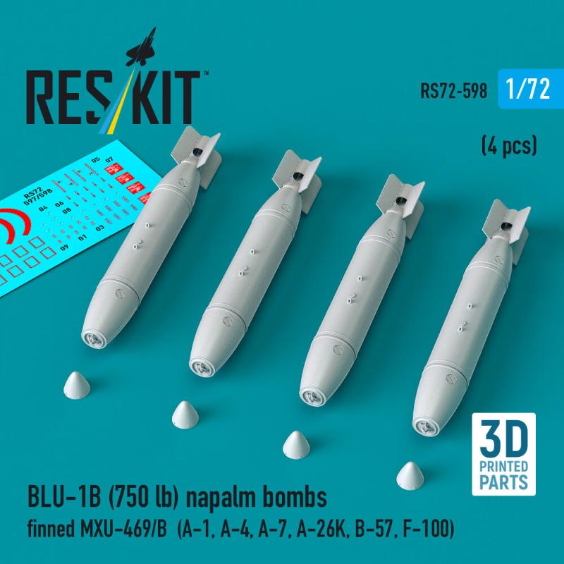 BLU-1B (750lb) napalm bombs finned MXU-469/B (4 pcs) (A-1, A-4, A-7, A-26K, B-57, F-100) (3D Printed) von ResKit Models